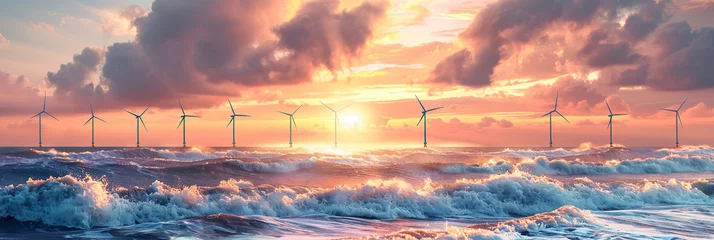 Fotobehang An offshore wind farm with turbines in the ocean, Gentle waves at the bases and a serene sunset background © wolfhound911