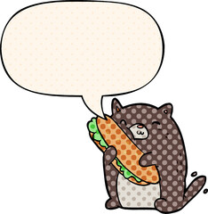 cartoon cat loving the amazing sandwich he's just made for lunch and speech bubble in comic book style