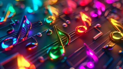 A handful of rainbow-colored musical symbols, backlight, AI Generative