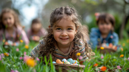 Little Girl Sitting in the Grass With a Basket of Eggs