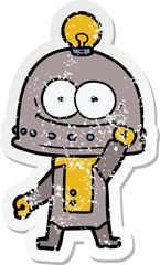 distressed sticker of a happy carton robot with light bulb