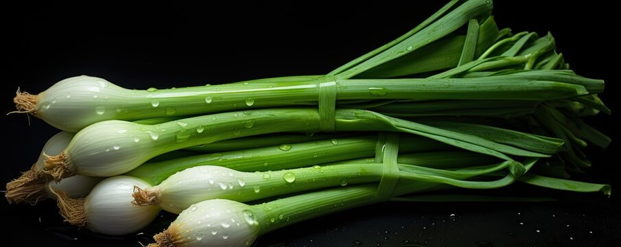 Fresh Green Onion On Black Background