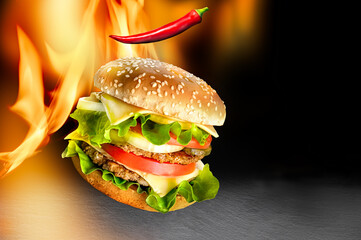 Large hot chili pepper hamburger fly on a dark background with a flame - 751453177