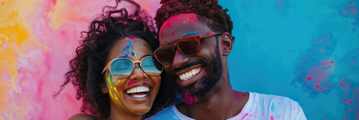 Colorful and happy African American couple enjoying Holi festival together