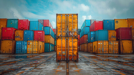A Cargo containers stacked in a port. The containers are used for shipping, transportation, and logistics in various industries. They are stacked using cranes and stored in warehouses 