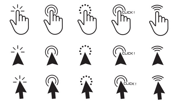 Click here icon set in line style. Hand click, Hand clicking, finger, Touch screen, pointer, cursor, gesture, mouse press push simple black style symbol sign for apps and website, vector illustration.