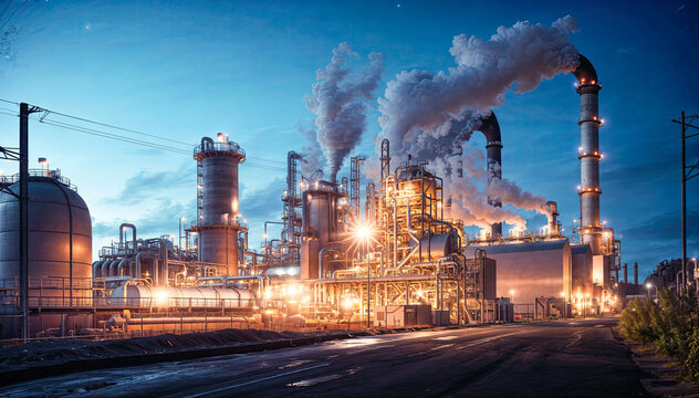 Oil refinery at night with blue sky and white clouds, petrochemical plant