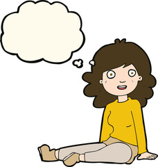 cartoon happy woman with thought bubble
