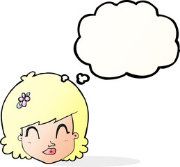 cartoon happy female face with thought bubble