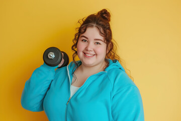 Fototapeta premium Young happy chubby overweight plus size big fat fit Latin woman wear blue top warm up training hold in hand dumbbell look camera isolated on plain yellow background studio home gym. 