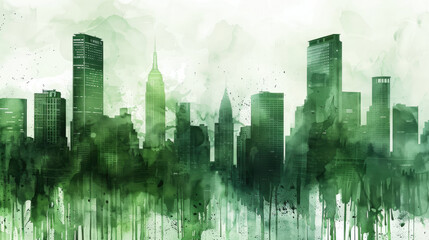 cityscape in Viridian Green watercolor style
