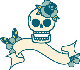 tattoo with banner of a skull and rose