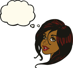 cartoon pretty female face with thought bubble