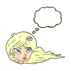 thought bubble cartoon woman with blowing hair