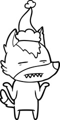 line drawing of a wolf showing teeth wearing santa hat