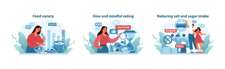 Taste Care Strategy set. Emphasizing diverse nutrition, deliberate consumption.