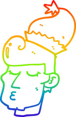 rainbow gradient line drawing cartoon man wearing christmas hat