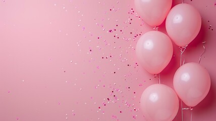 minimalist pink confetti on pink colour background, light pink and pink balloons with strings in border around the edges with shiny pink confetti, AI Generative