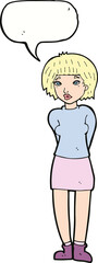 cartoon shy woman with speech bubble
