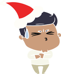 flat color illustration of a frustrated man wearing santa hat