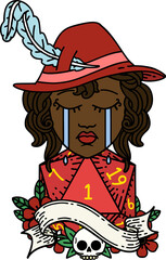 crying human druid character with natural one D20 roll illustration