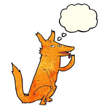 cartoon fox licking paw with thought bubble