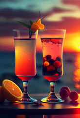 Exquisite alcoholic cocktails against the backdrop of the sea and sunset. AI generated.