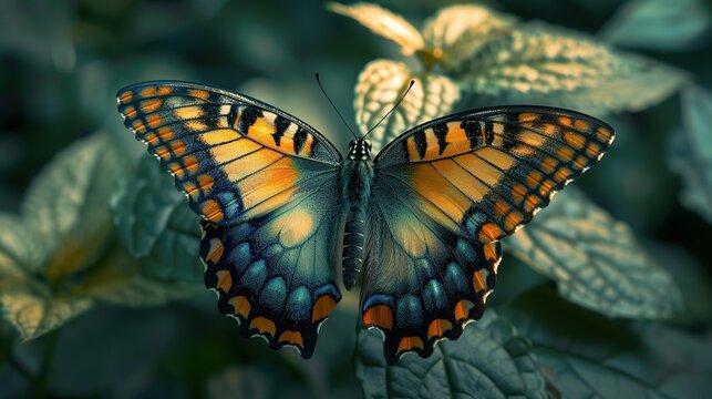 close-up photo of a rare butterfly spreading its wings in a shady forest, macro