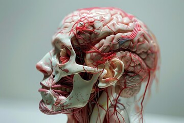 A close up of a skull with red veins and a brain
