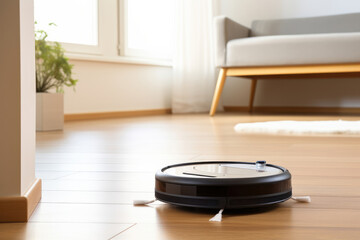 A roomba is on the floor in front of a couch