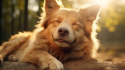 Close up of cute winking brown dog in natural environment - obrazy, fototapety, plakaty
