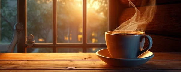 Rolgordijnen A steaming mug of coffee perched atop a warm wooden surface creates a comforting and inviting atmosphere © Coosh448