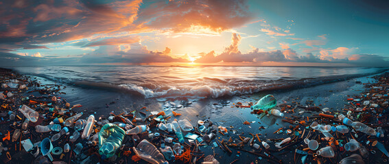 Blue ocean trash littered beach, seaside, beach ocean with waste plastic - obrazy, fototapety, plakaty