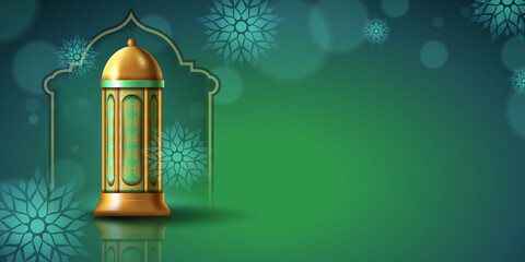 Green Islamic day banner copy space for text. islamic hanging lantern on Eid Al-Fitr, Eid al-Adha, Ramadhan vibes with ornament, hanging Arabic lantern simple PNG