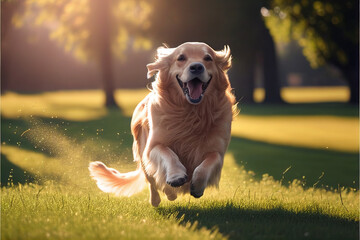 Dog breed golden retriever runs through the grass in the sun. AI generated.