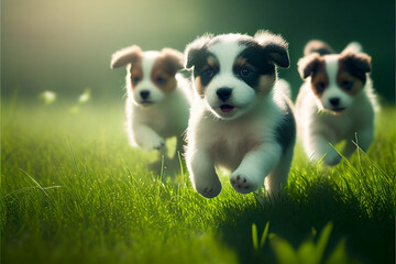 Several cute puppies run on the green grass. AI generated.