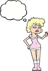 cartoon woman making dismissive gesture with thought bubble