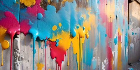 Messy paint strokes and smudges on an old painted wall background. Abstract wall surface with part of graffiti. Colorful drips, flows, streaks of paint and paint sprays 