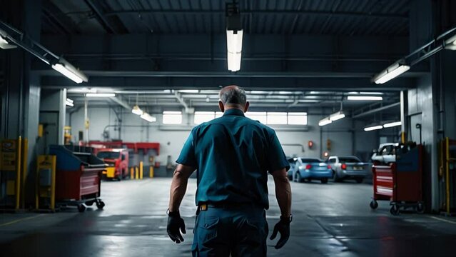 An old mechanic reaching the garage