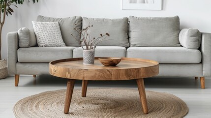 Round wooden coffee table in the interior of a modern living room against the background of gray sofa and white wall