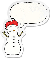 cartoon snowman and speech bubble distressed sticker