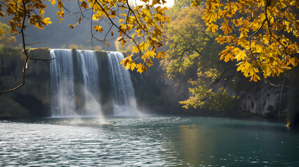 Autumn Foliage Surrounding Waterfall: Enhancing the Scene with Vibrant Fall Colors