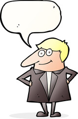 cartoon happy man in suit with speech bubble