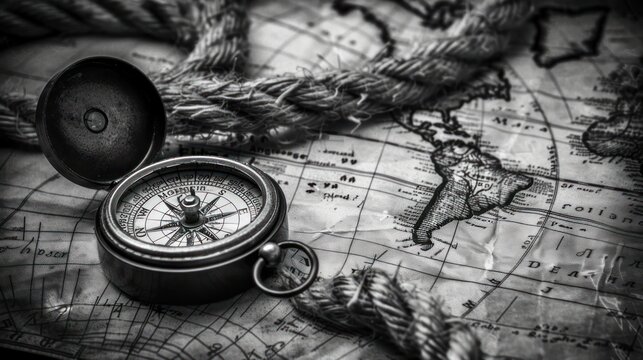 Black and White Image of Compass and Map