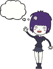 cartoon waving vampire girl with thought bubble