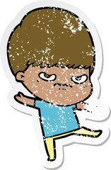 distressed sticker of a annoyed cartoon boy