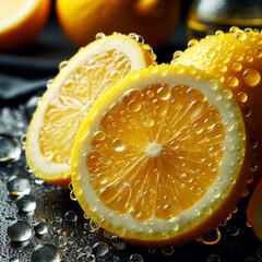 Macro shot of sliced lemons with shiny water drops perfect for cooking promotion