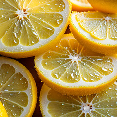 Macro shot of sliced lemons with shiny water drops perfect for cooking promotion