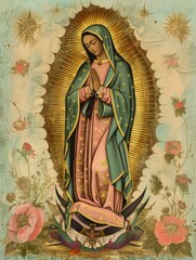 a 1920ies illustration of our Lady of Guadelupe, gold and pastel colors --ar 3:4 
