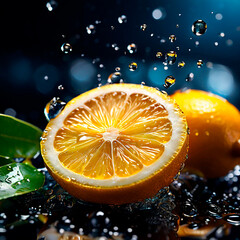 Macro shot of sliced lemons with shiny water drops perfect for cooking promotion